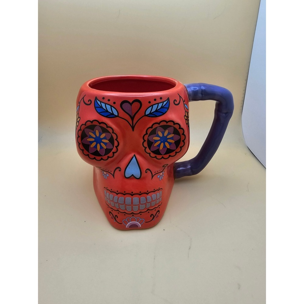 Day of the Dead Skull Mug | Orange‎ Ceramic Coffee Cup | Novelty Decor